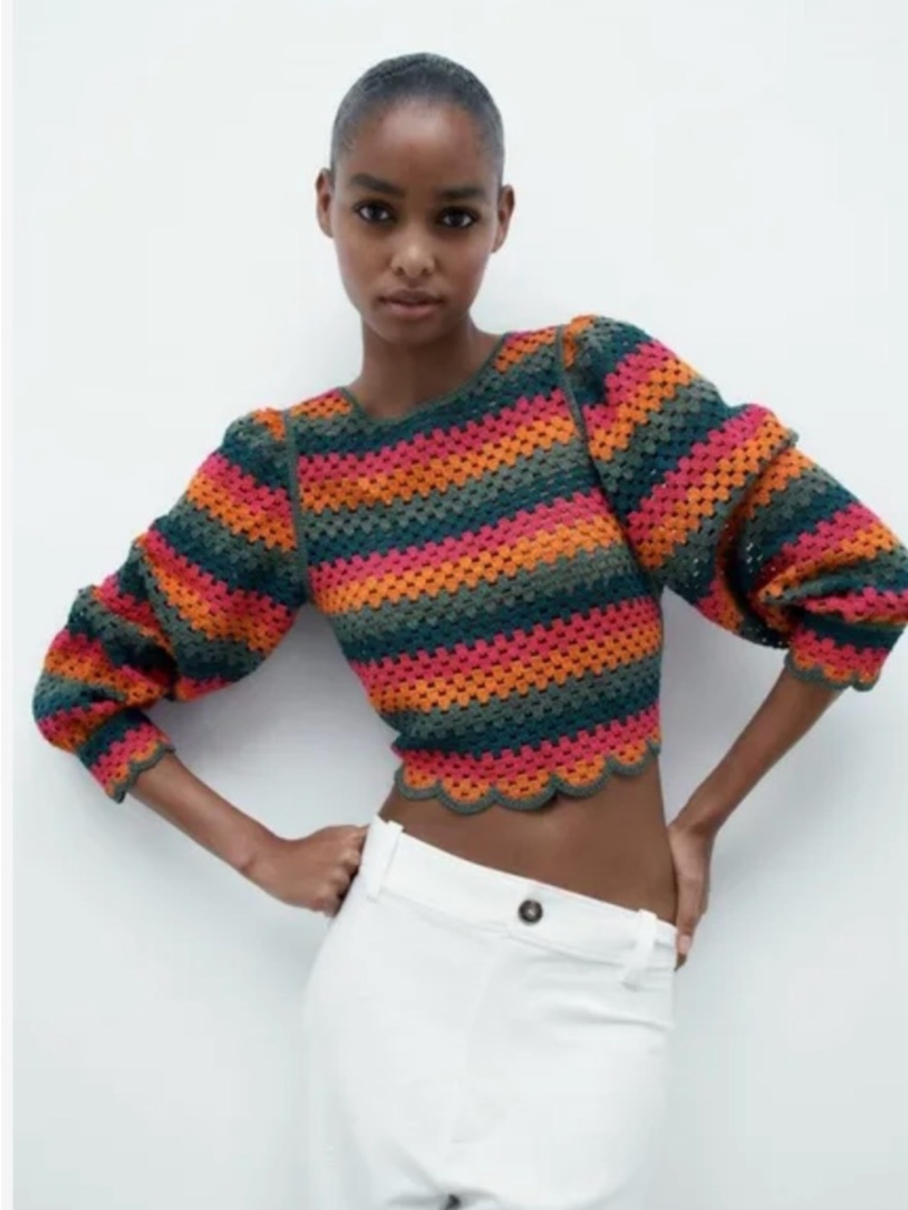 Zara Multicolor Crochet Open-Back Knit Top Medium Boho Hippie Stripe New